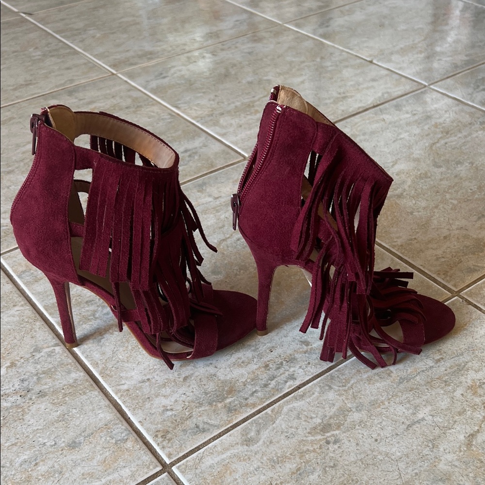Fringe Burgundy Heeled Sandals - Picture 3 of 10